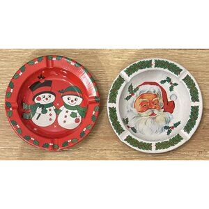 2- Vintage Christmas Santa Claus & Snowman Ash Trays Made in Hong Kong Tin Metal